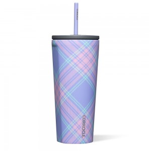 Springtime Plaid Corkcicle 24oz Cold Cup Insulated Tumbler With Straw Water Bottle | RAJVC-2731