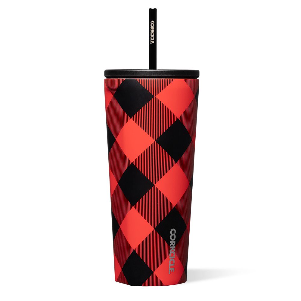 Buffalo Plaid Red Corkcicle 24oz Holiday Cold Cup Insulated Tumbler With Straw Water Bottle | XEBOQ-4107