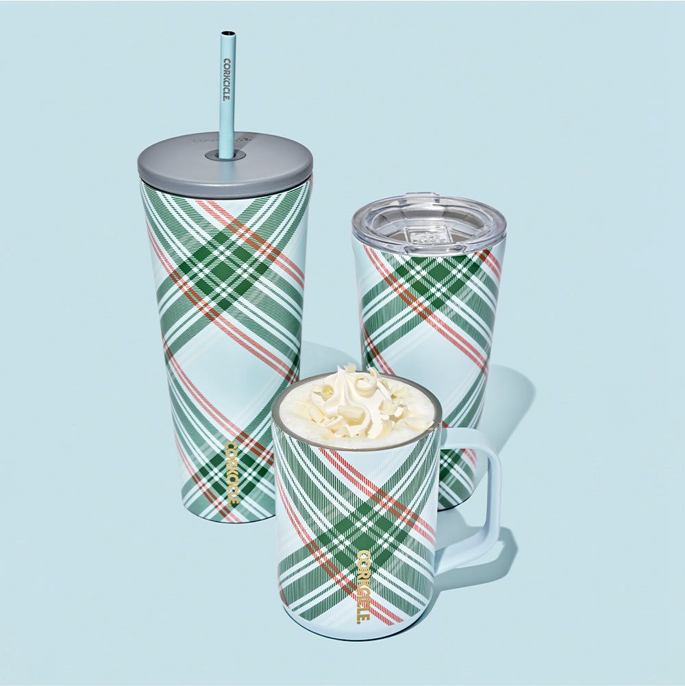 Peppermint Plaid Corkcicle 24oz Holiday Cold Cup Insulated Tumbler With Straw Water Bottle | HMBRA-8497