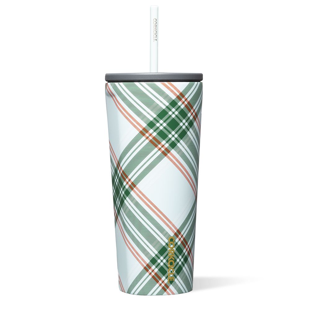 Peppermint Plaid Corkcicle 24oz Holiday Cold Cup Insulated Tumbler With Straw Water Bottle | HMBRA-8497